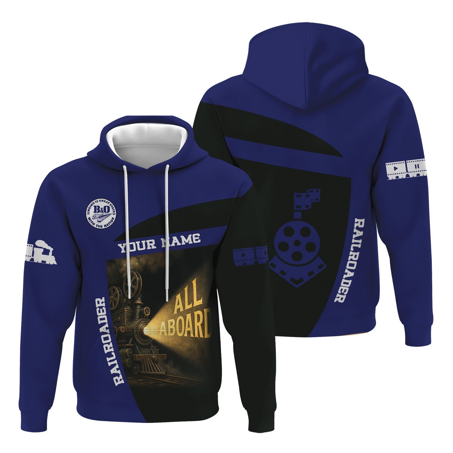 Railspirit Personalized B&O Great States Railroad Hoodie All Aboard Steam Train Movie Projector Style Zip Up Hoodie