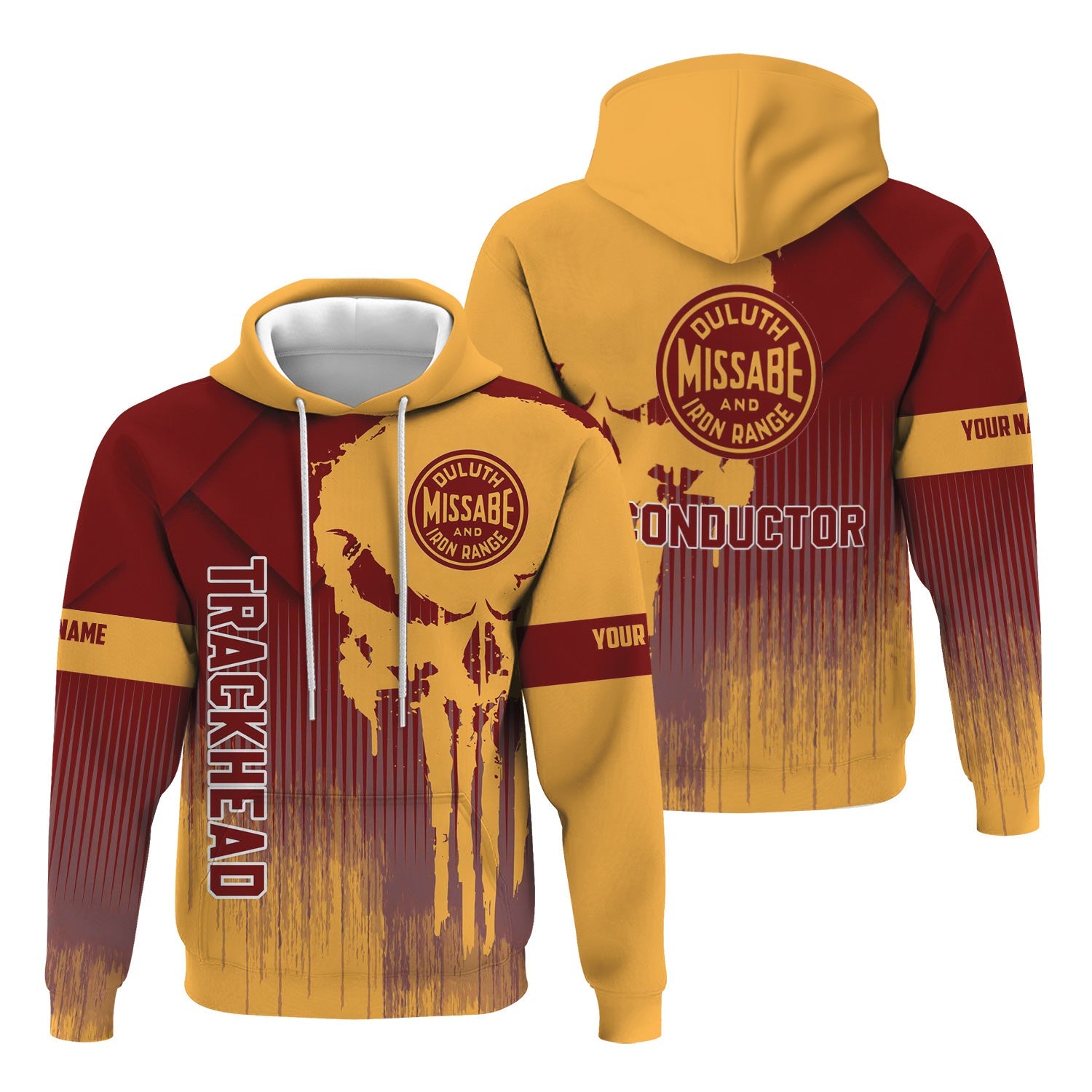 Railspirit Personalized Duluth, Missabe, & Iron Range Railroad Hoodie Skull Design with Custom Job Train Zip Up Hoodie for Trackhead Crew
