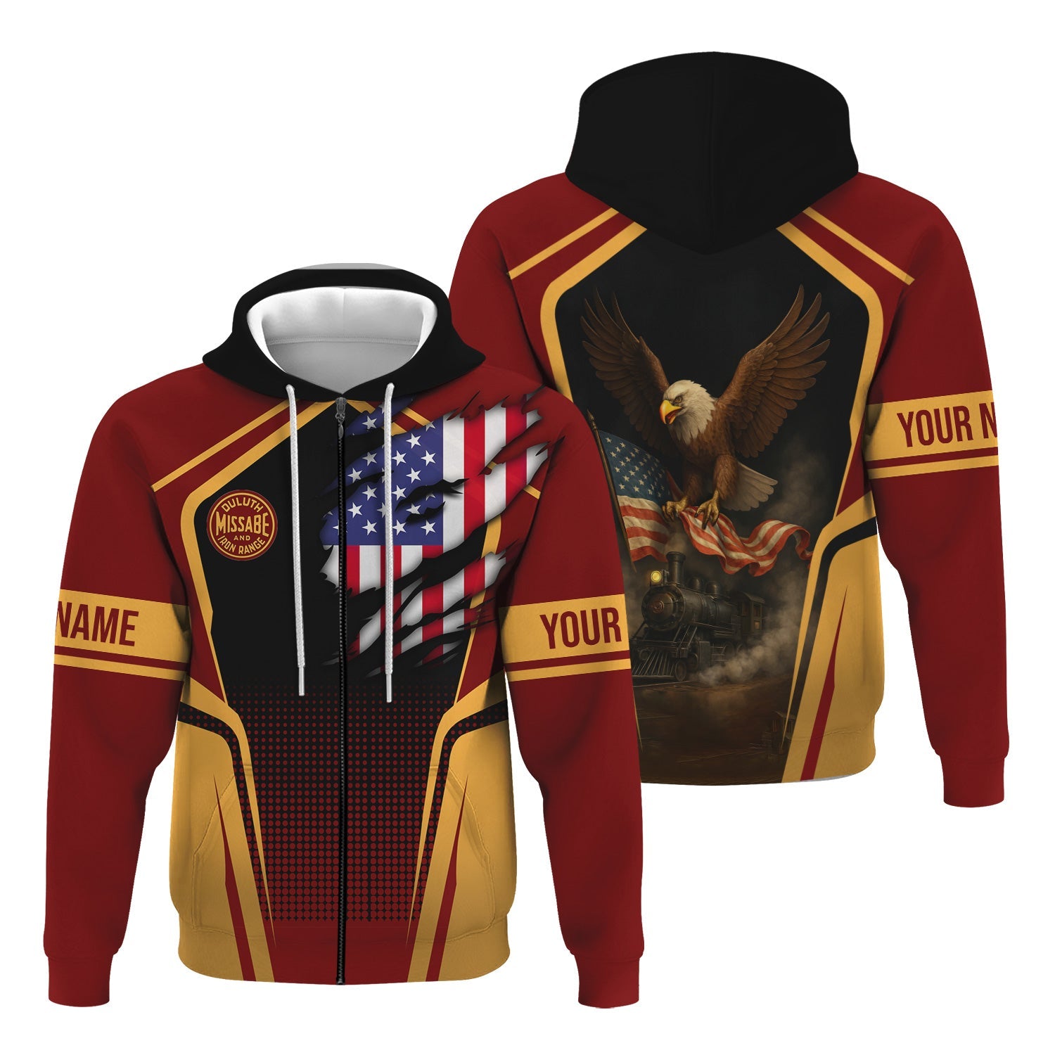 Railspirit Personalized Duluth, Missabe, & Iron Range Railroad Hoodie American Eagle Vintage Train Zip Up Hoodie