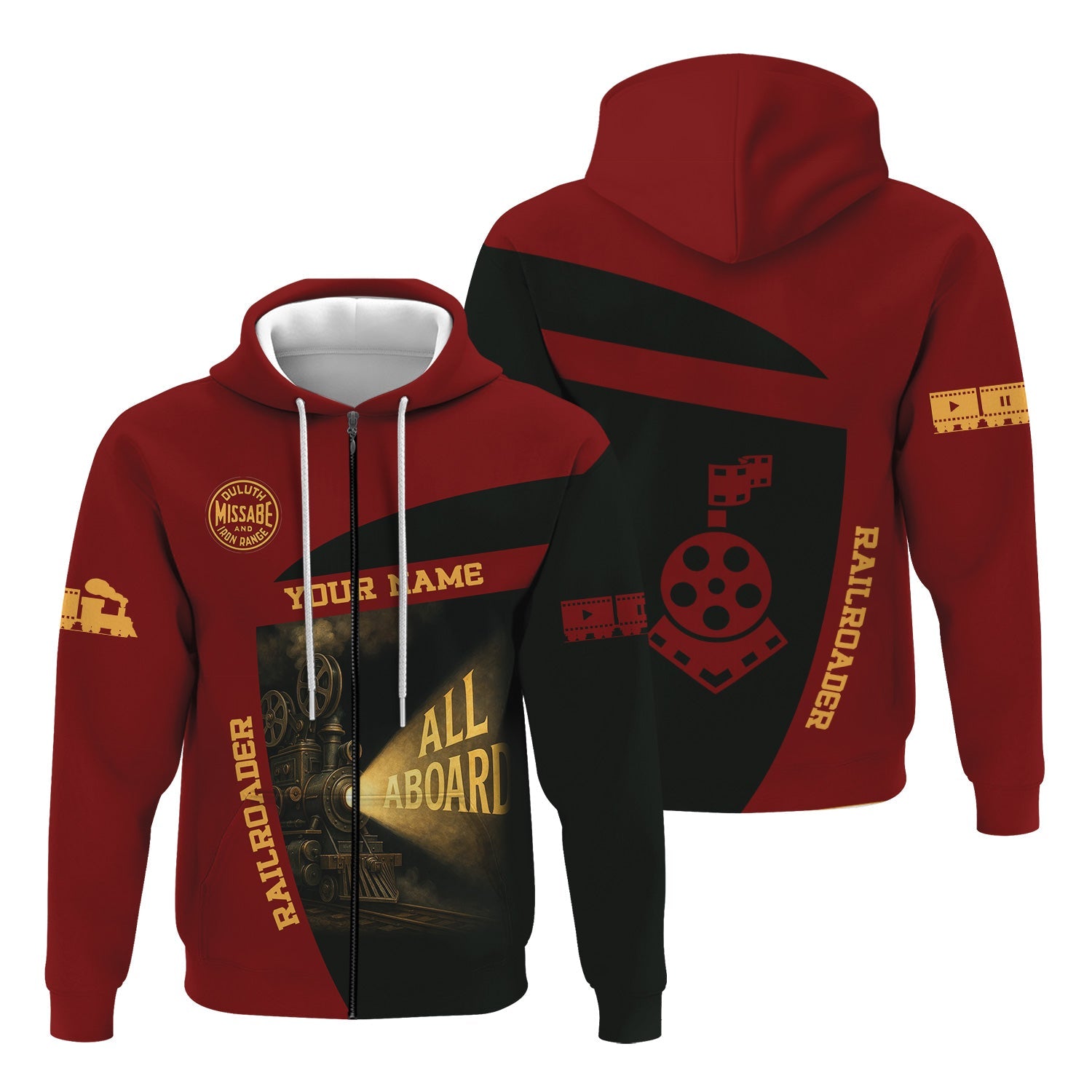 Railspirit Personalized Duluth, Missabe, & Iron Range Railroad Hoodie All Aboard Steam Train Movie Projector Style Zip Up Hoodie