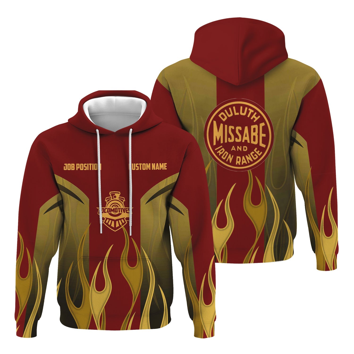 Railspirit Custom Name and Job Title Duluth, Missabe, & Iron Range Railroad Hoodie Flame Graphic Train Zip Up Hoodie 