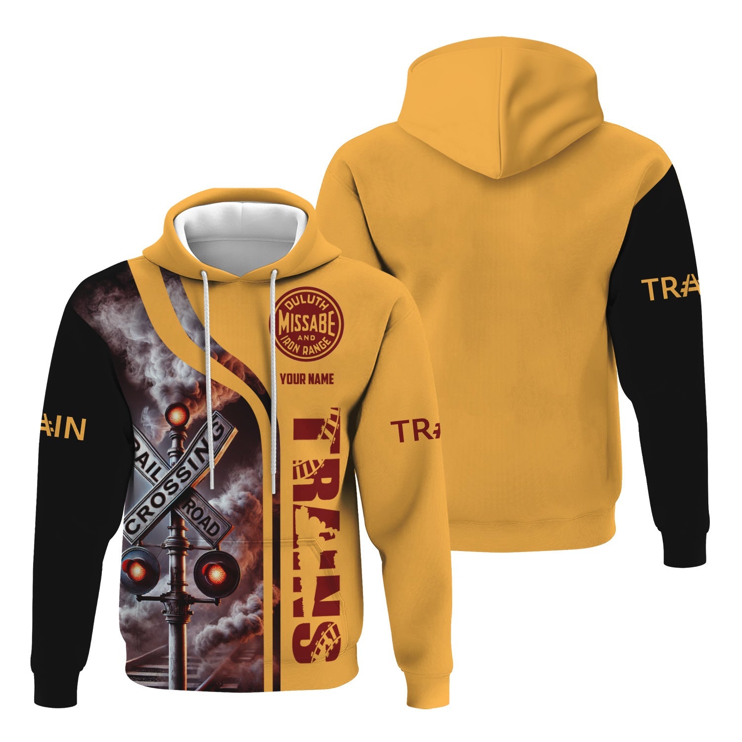 Railspirit Custom Name Duluth, Missabe, & Iron Range Railroad Hoodie Railroad Crossing Sign Printed Zip Hoodie