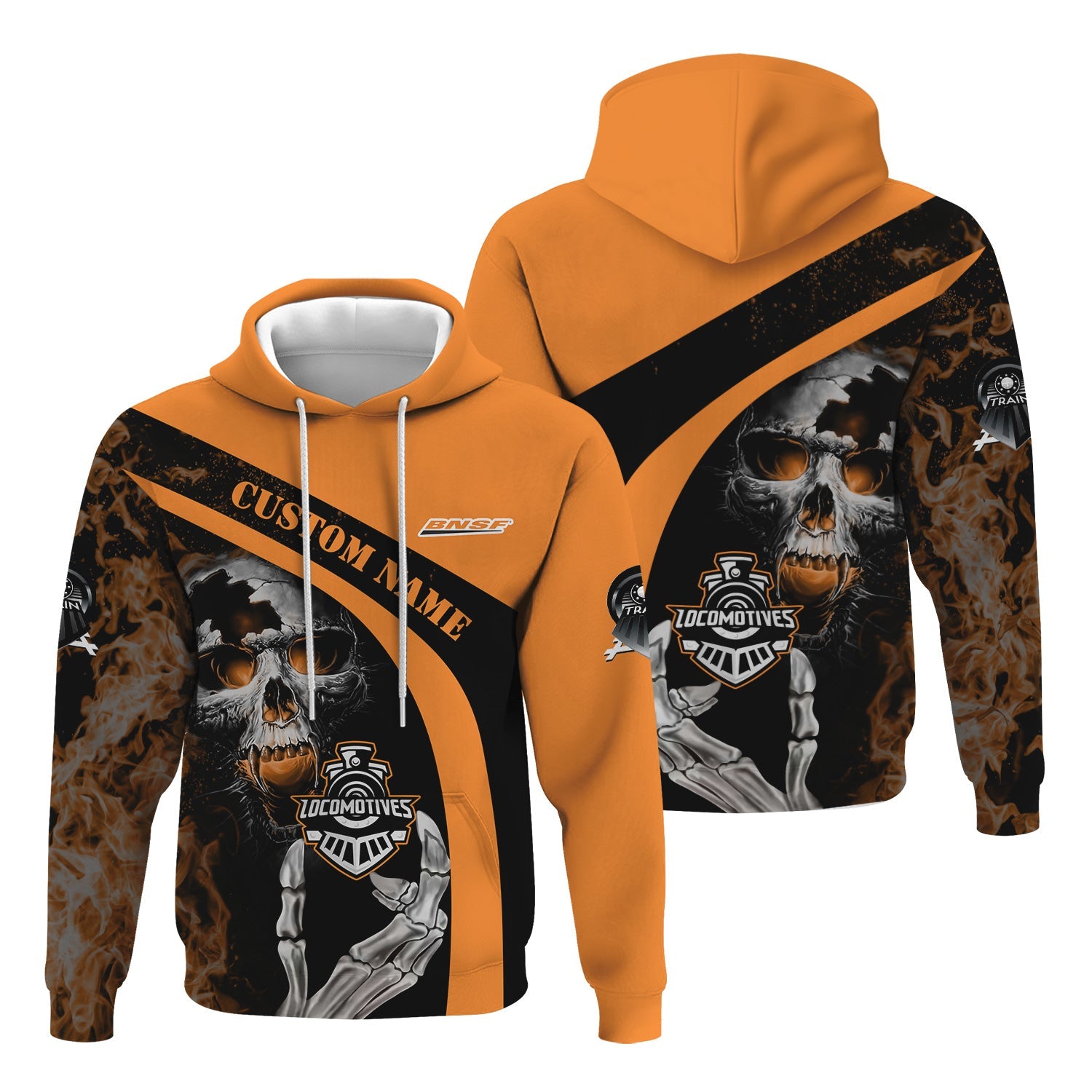 Railspirit Personalized BNSF Railway Hoodie Flame Skull Design Train Zip Up Hoodie for Locomotive Fans