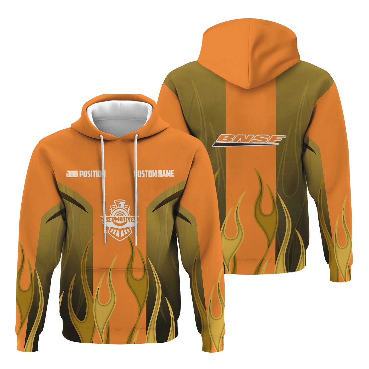 Railspirit Custom Name and Job Title BNSF Railway Hoodie Flame Graphic Train Zip Up Hoodie 