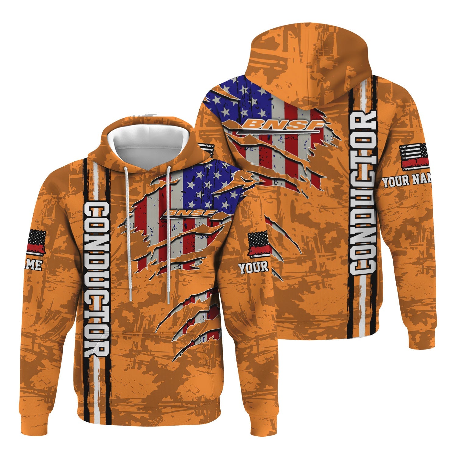Railspirit Personalized BNSF Railway Hoodie USA Flag Claw Art with Custom Job Train Zip Up Hoodie