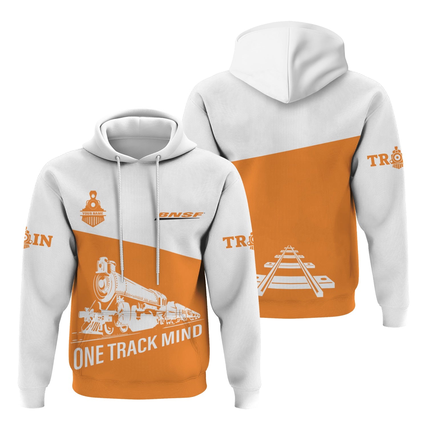 Railspirit Custom Name BNSF Railway Hoodie One Track Mind Printed Zip Hoodie