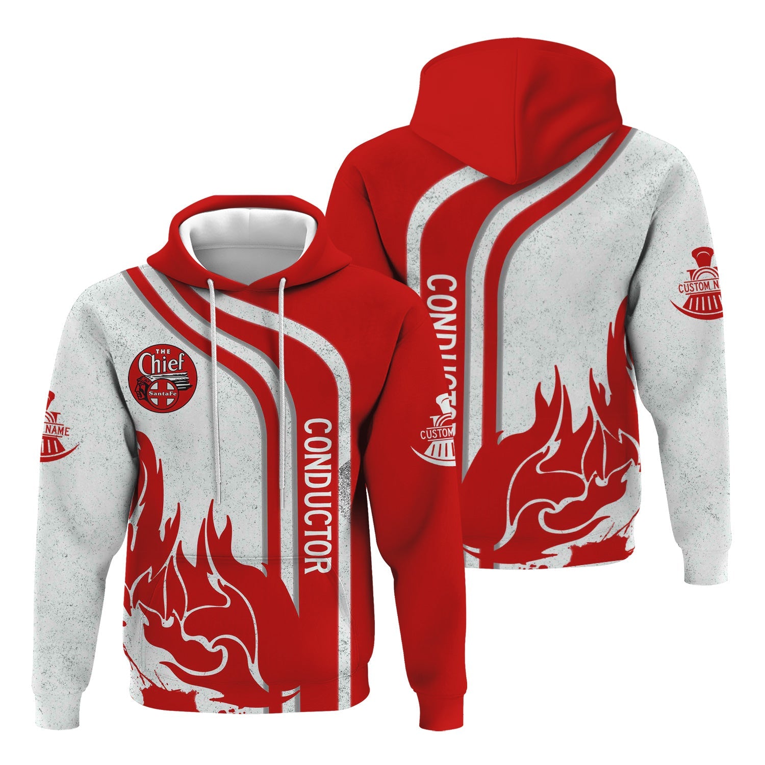 Railspirit Personalized The Chief Santa Fe Railroad Hoodie Flame Design with Custom Job Position Train Zip Up Hoodie