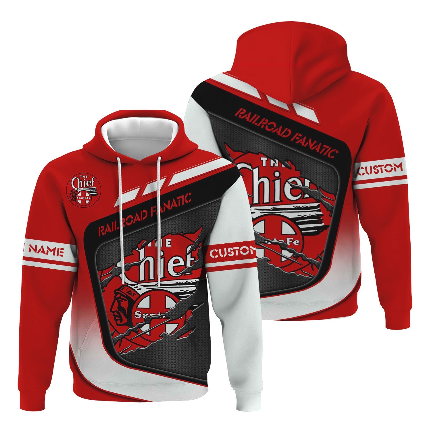 Railspirit Personalized The Chief Santa Fe Railroad Hoodie Ripped Texture Style Train Zip Up Hoodie For Railroad Fanatic
