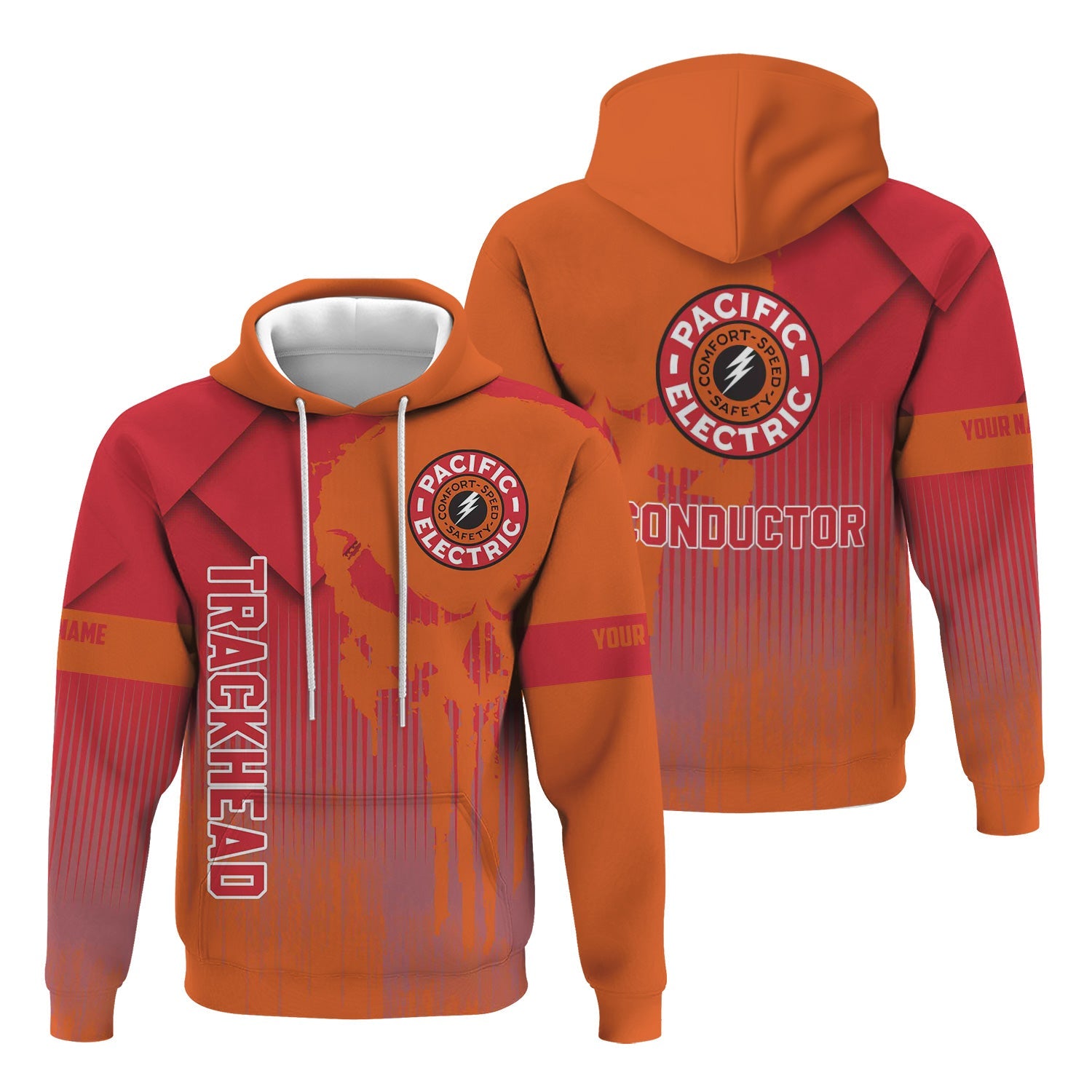 Railspirit Personalized Pacific Electric Railroad Hoodie Skull Design with Custom Job Train Zip Up Hoodie for Trackhead Crew