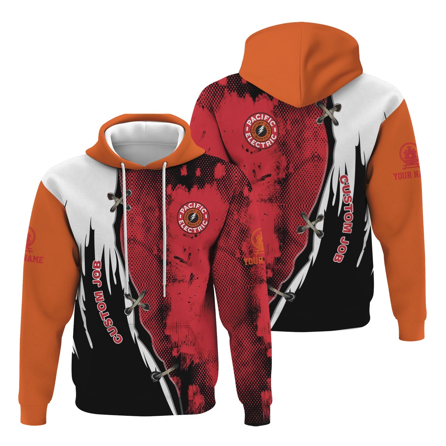 Railspirit Personalized Pacific Electric Railroad Hoodie Retro Stitches Design with Custom Position Train Zip Up Hoodie