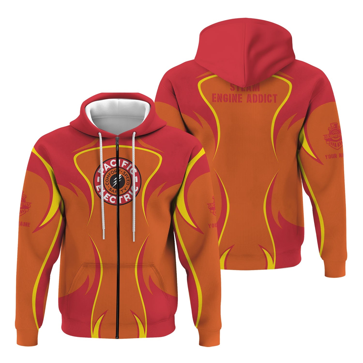 Railspirit Personalized Pacific Electric Railroad Hoodie Distinctive Flame Style Zip Up Hoodie For Steam Engine Addict