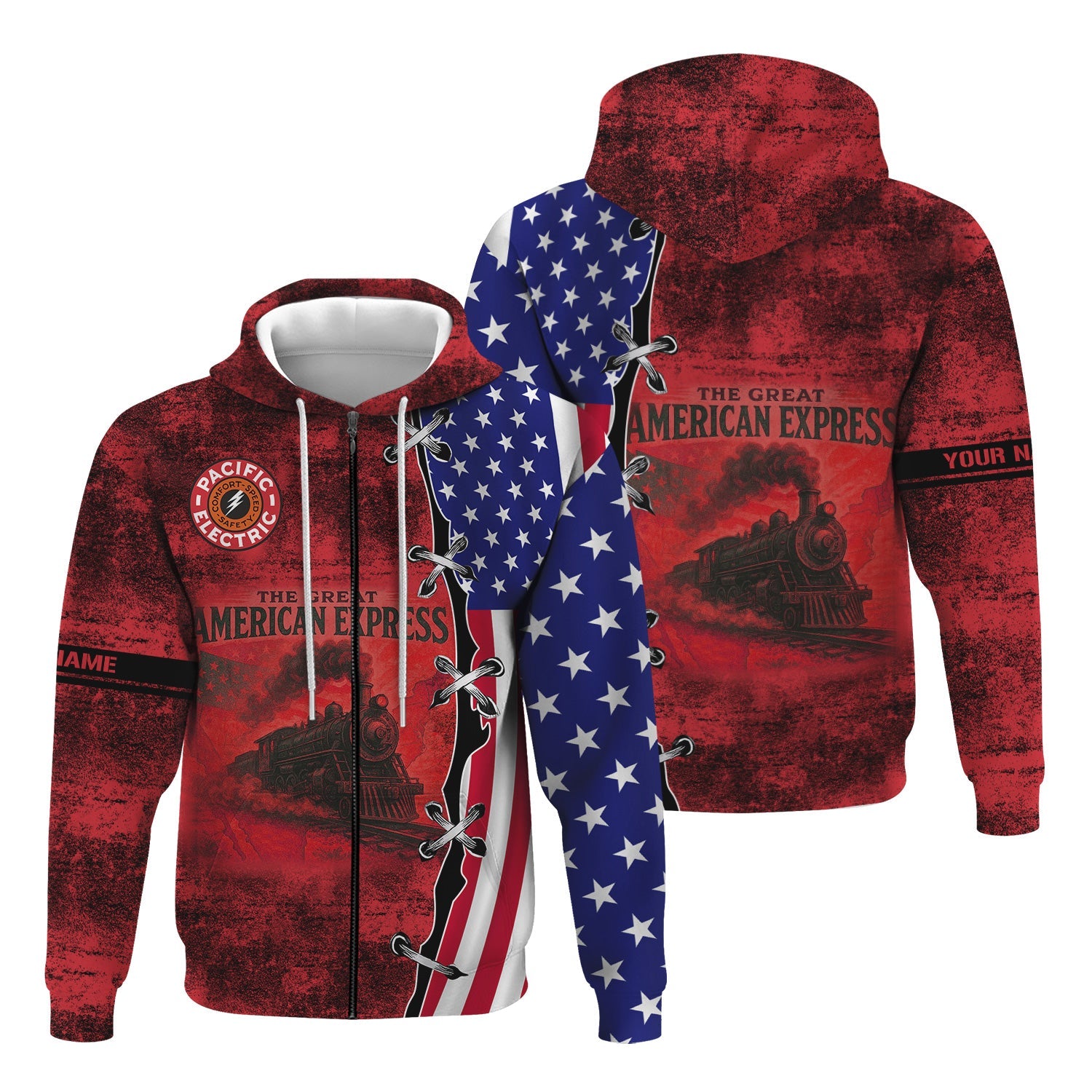 Railspirit Personalized Pacific Electric Railroad Hoodie Retro American Express Train With USA Flag Zip Up Hoodie