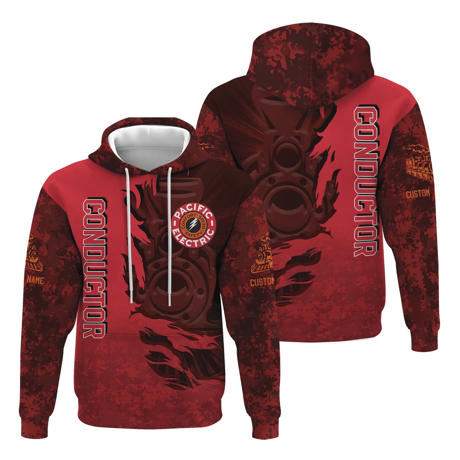 Railspirit Personalized Pacific Electric Railroad Hoodie Blazing Style with Custom Position Train Zip Up Hoodie