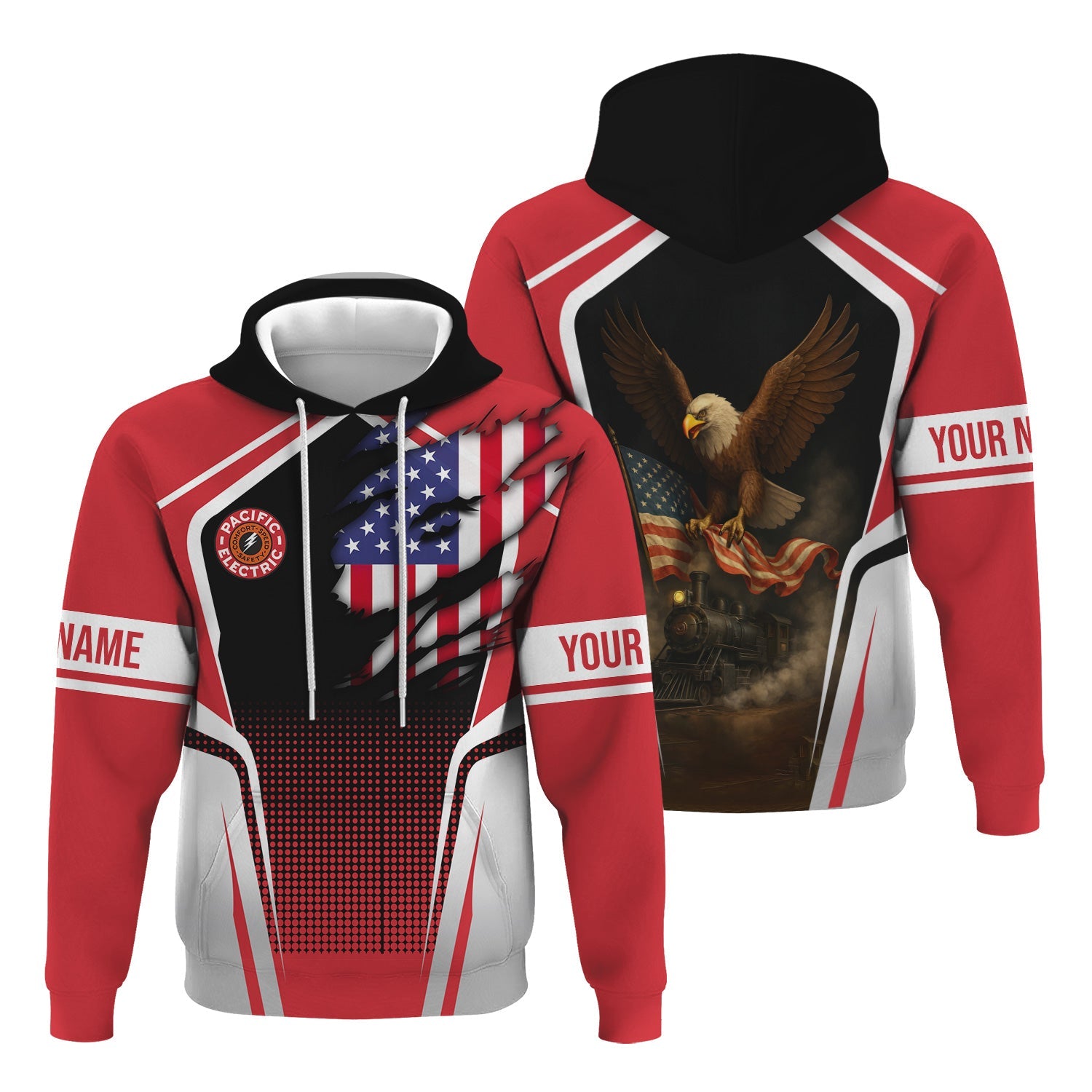 Railspirit Personalized Pacific Electric Railroad Hoodie American Eagle Vintage Train Zip Up Hoodie