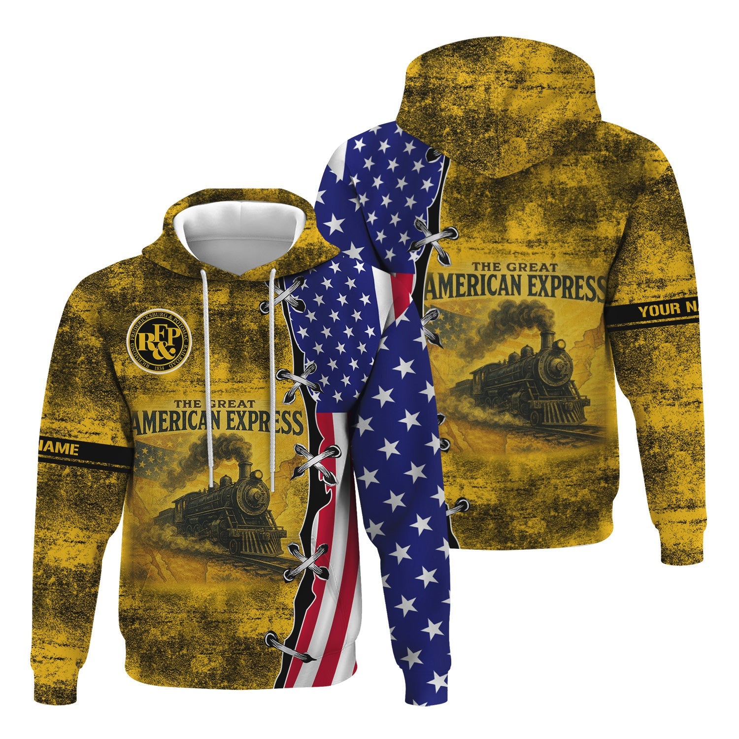Railspirit Personalized Richmond, Fredericksburg And Potomac Railroad Hoodie Retro American Express Train With USA Flag Zip Up Hoodie