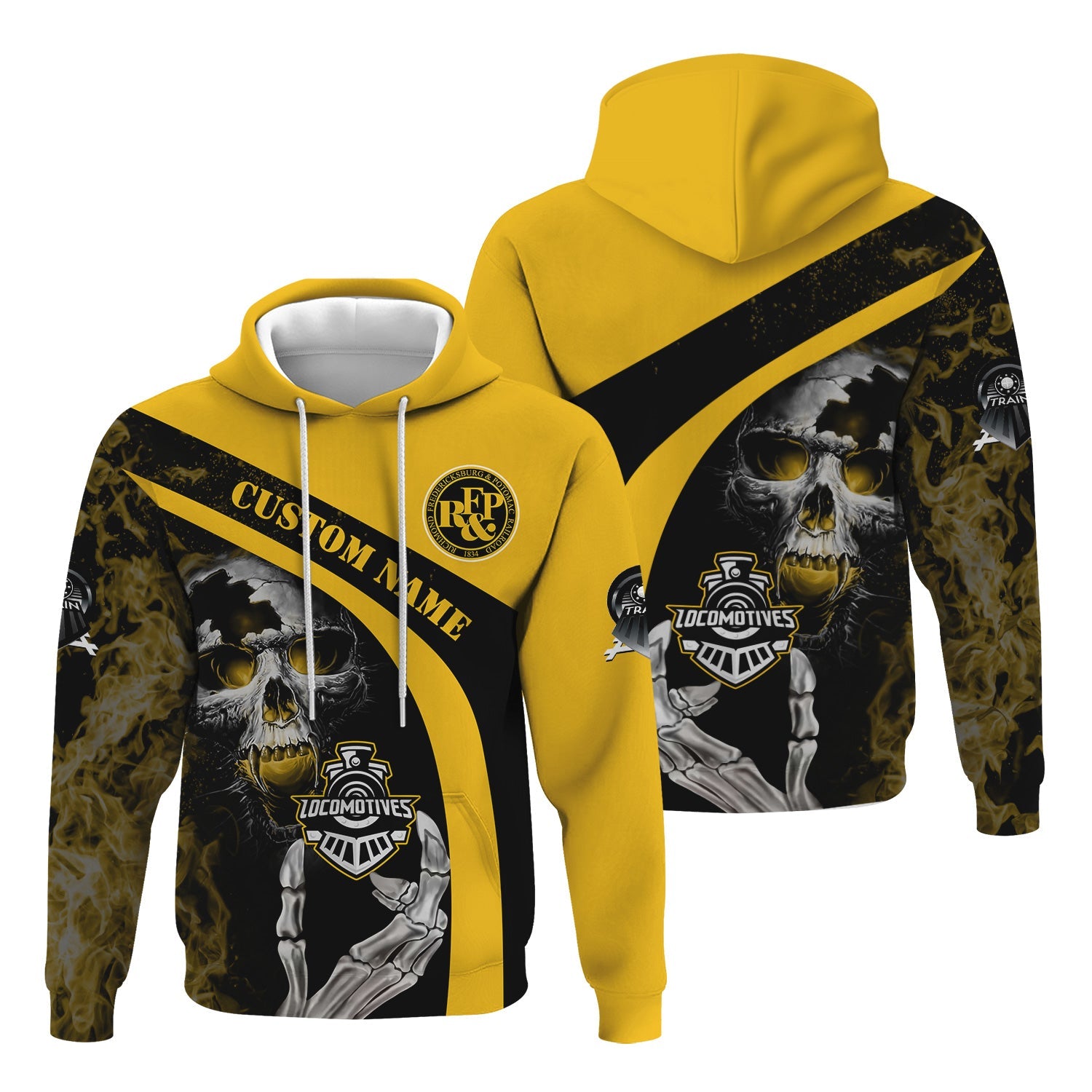 Railspirit Personalized Richmond, Fredericksburg And Potomac Railroad Hoodie Flame Skull Design Train Zip Up Hoodie for Locomotive Fans