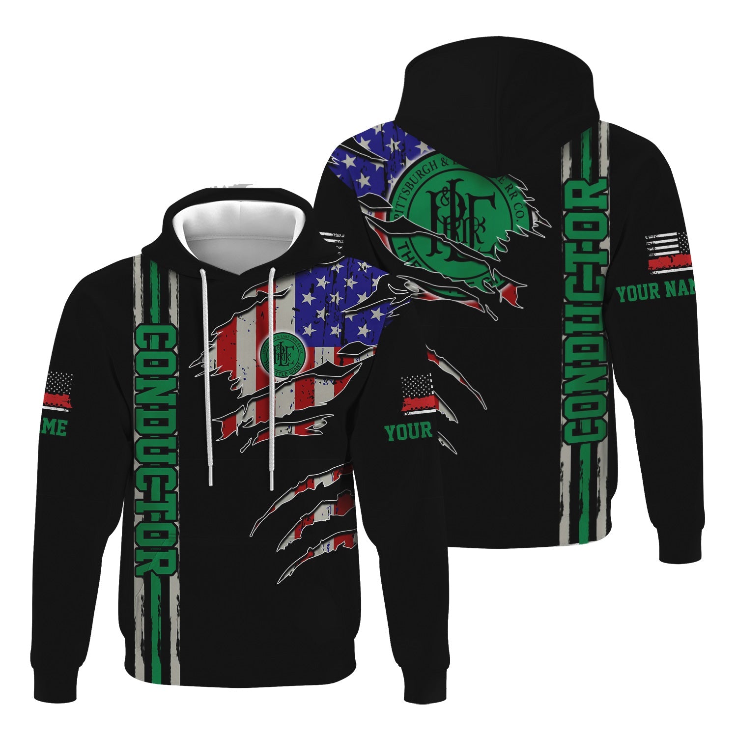 Railspirit Personalized Pittsburgh And Lake Erie Railroad Hoodie USA Flag Claw Art with Custom Job Train Zip Up Hoodie