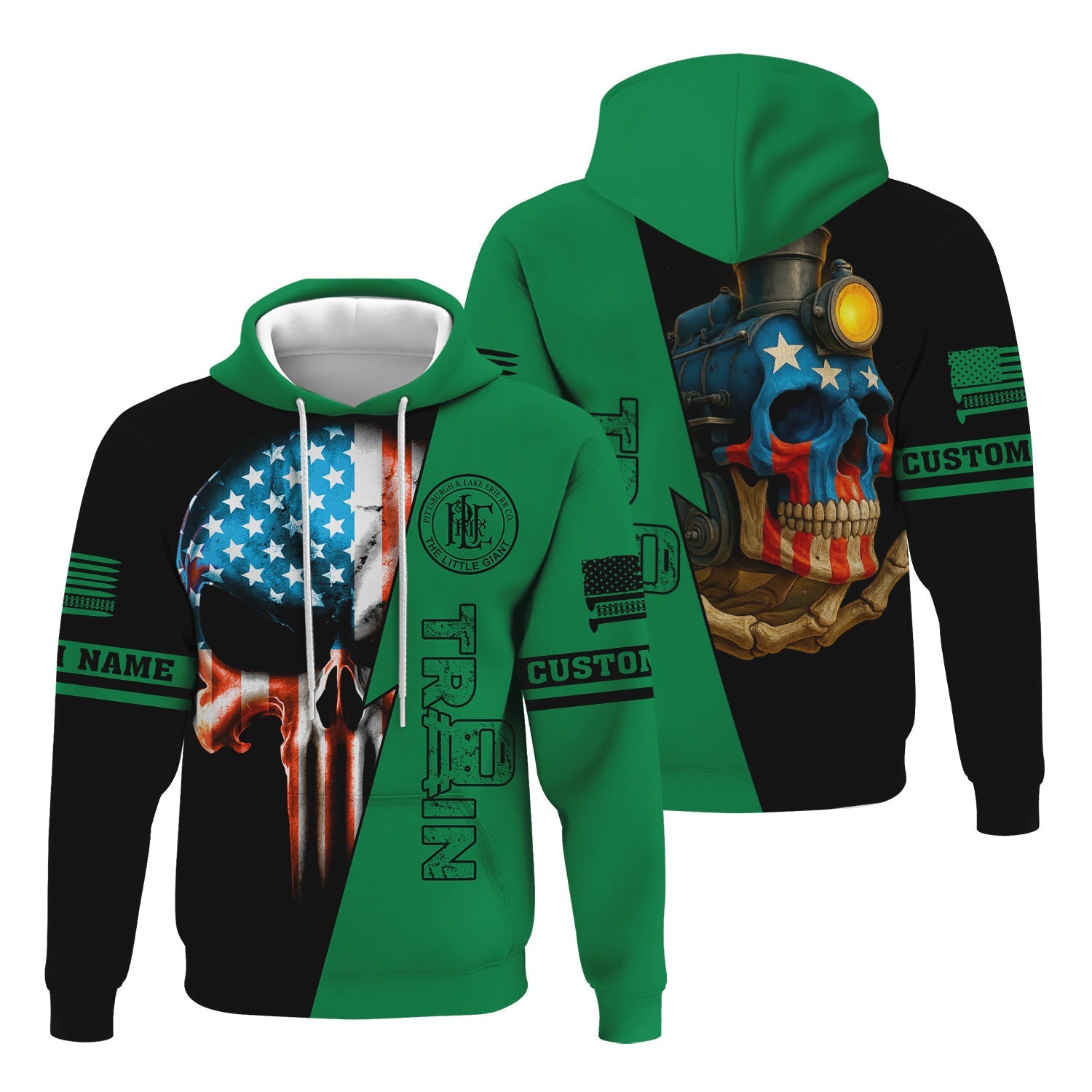 Railspirit Personalized Pittsburgh And Lake Erie Railroad Hoodie Train Skull American Flag Zip Up Hoodie All Over Print
