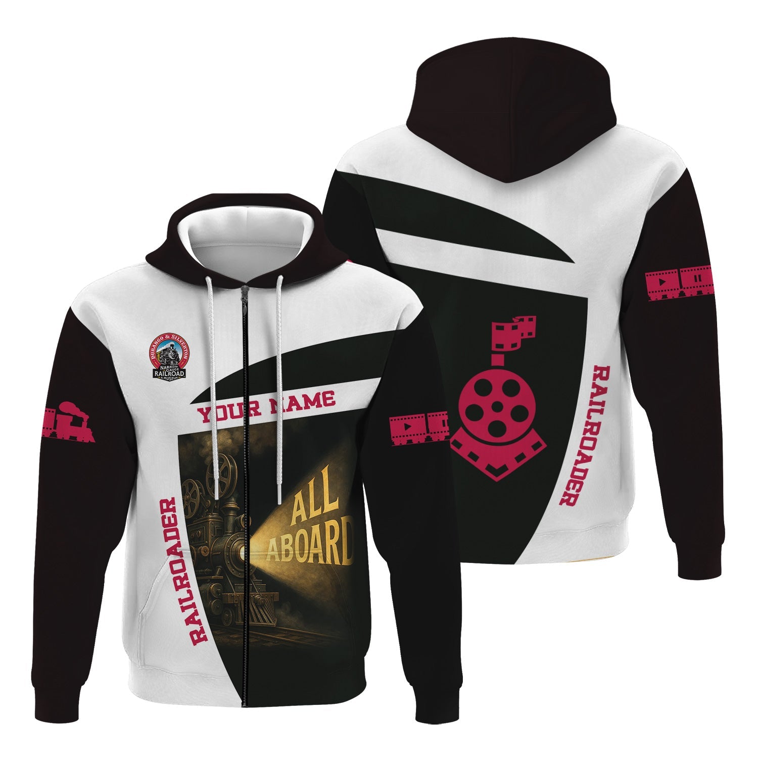 Railspirit Personalized Durango And Silverton Narrow Gauge Railroad Hoodie All Aboard Steam Train Movie Projector Style Zip Up Hoodie