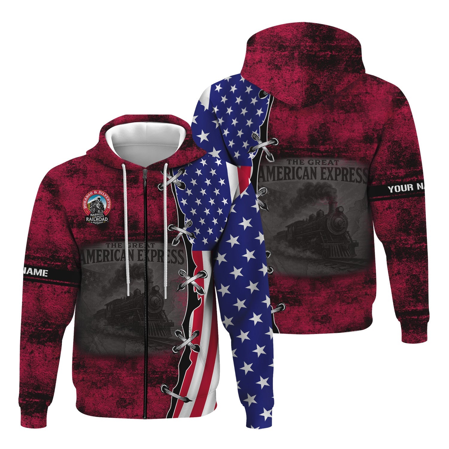 Railspirit Personalized Durango And Silverton Narrow Gauge Railroad Hoodie Retro American Express Train With USA Flag Zip Up Hoodie