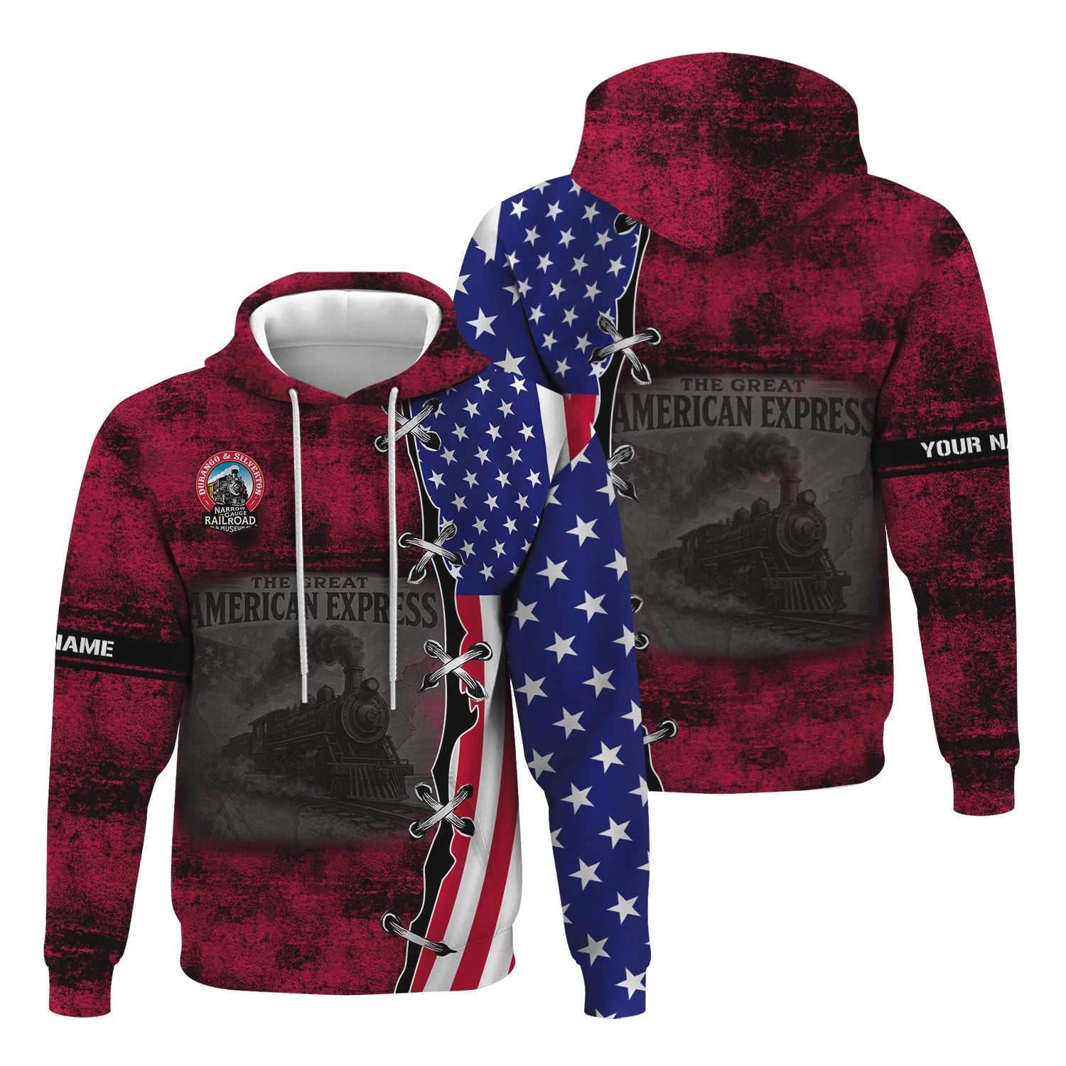 Railspirit Personalized Durango And Silverton Narrow Gauge Railroad Hoodie Retro American Express Train With USA Flag Zip Up Hoodie