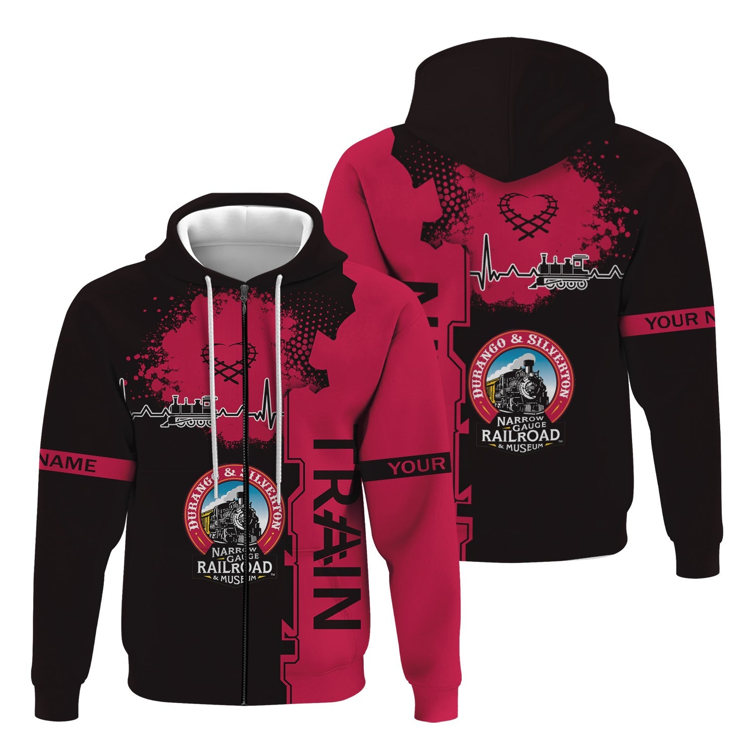 Railspirit Personalized Durango And Silverton Narrow Gauge Railroad Hoodie Engine Heartbeat and Track Love Style Zip Up Hoodie