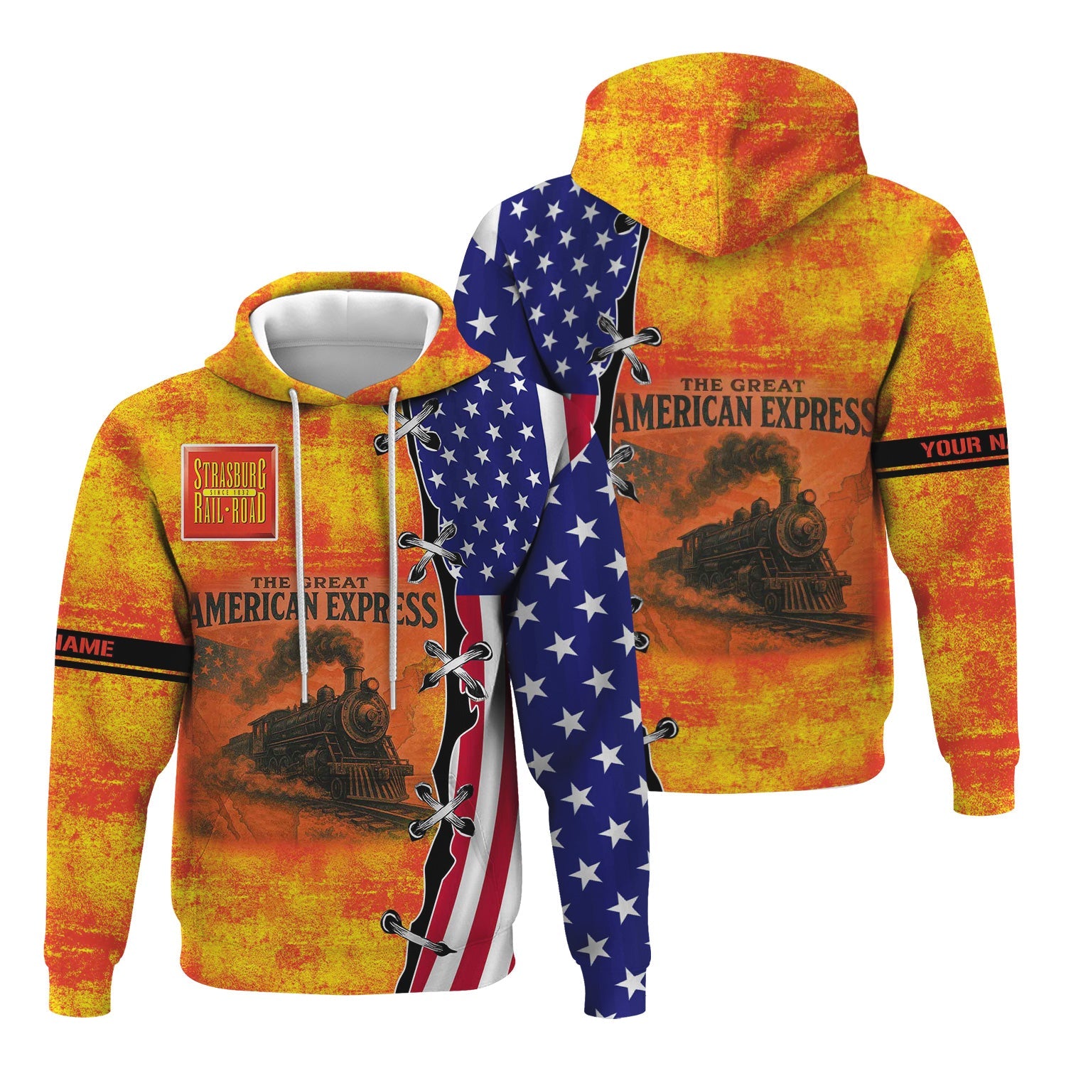 Railspirit Personalized Strasburg Railroad Hoodie Retro American Express Train With USA Flag Zip Up Hoodie