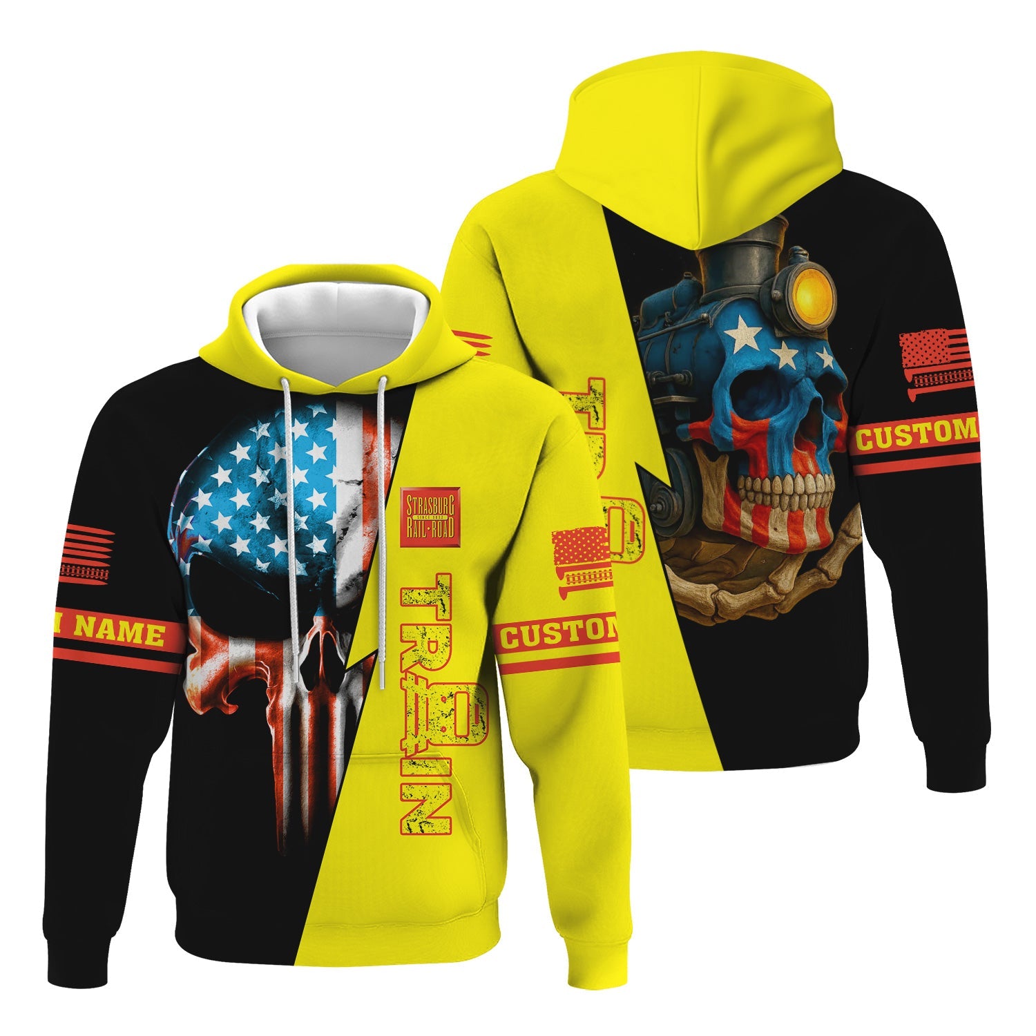 Railspirit Personalized Strasburg Railroad Hoodie Train Skull American Flag Zip Up Hoodie All Over Print