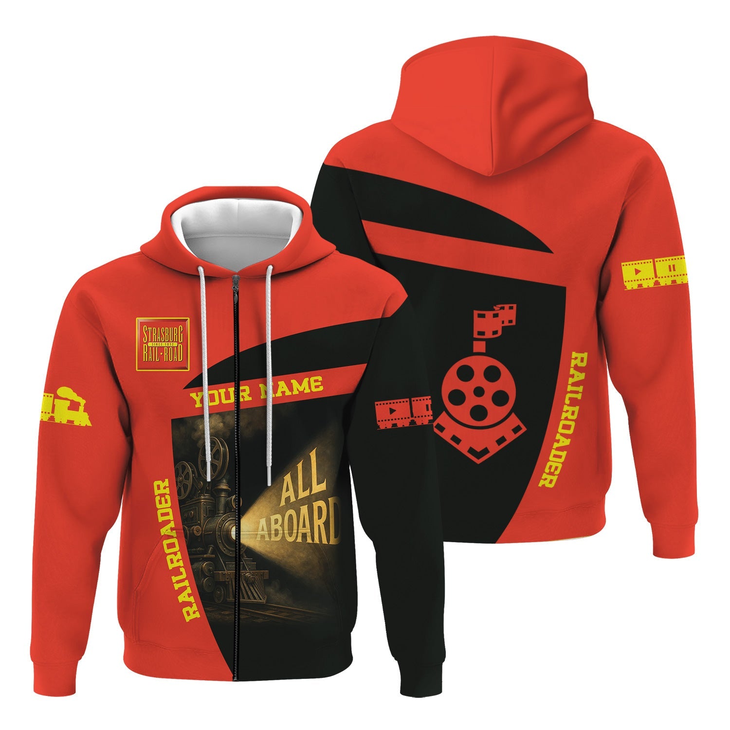 Railspirit Personalized Strasburg Railroad Hoodie All Aboard Steam Train Movie Projector Style Zip Up Hoodie