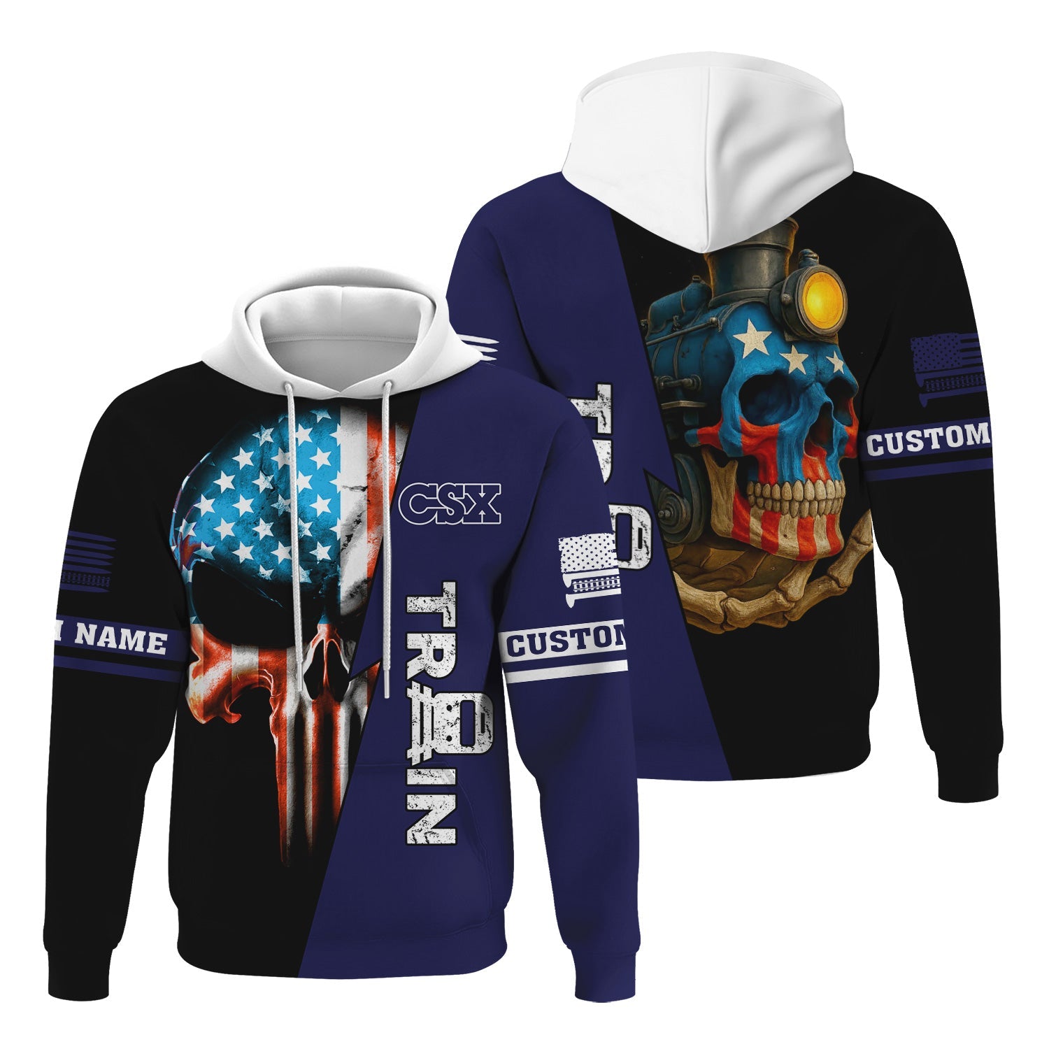 Railspirit Personalized CSX Transportation Railroad Hoodie Train Skull American Flag Zip Up Hoodie All Over Print