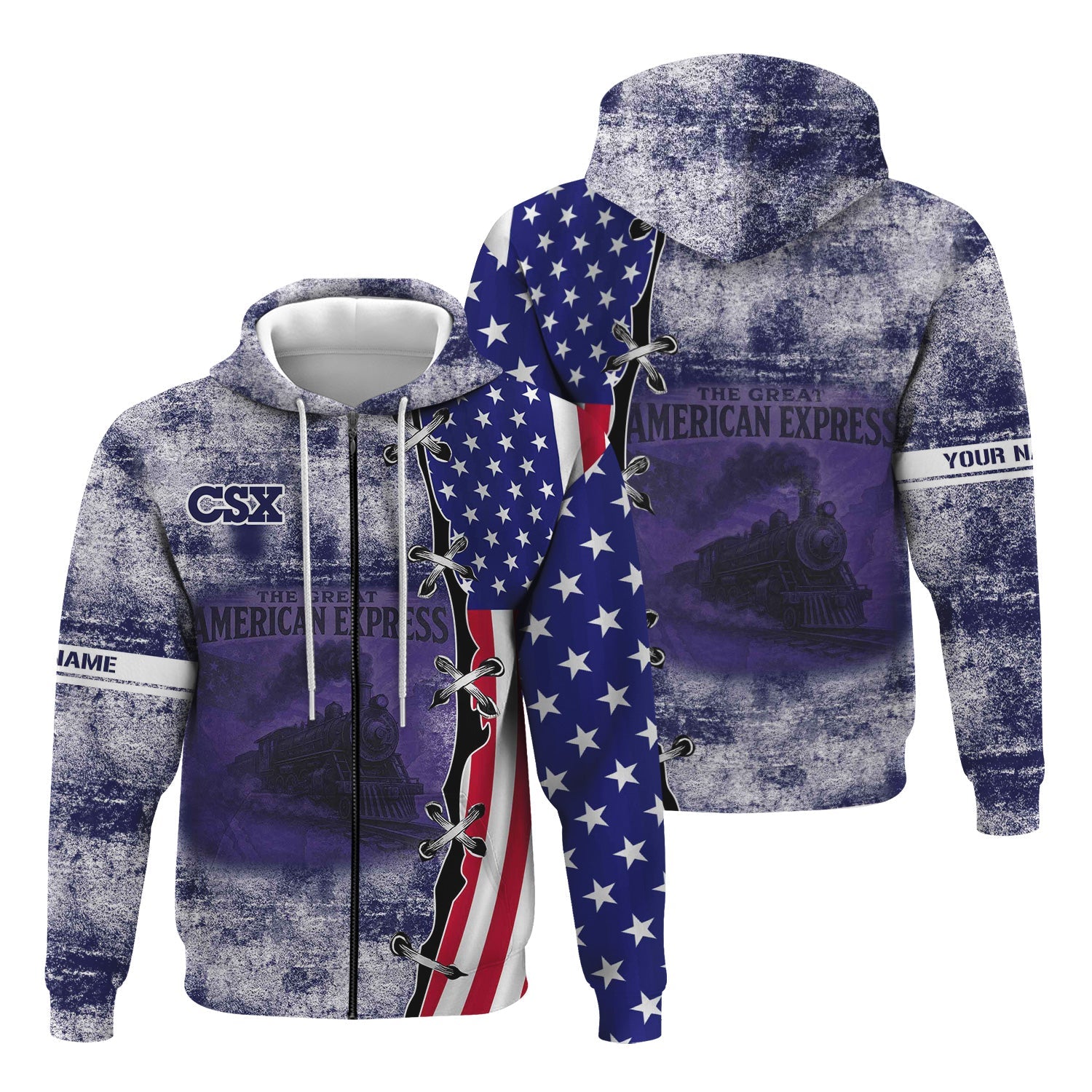 Railspirit Personalized CSX Transportation Railroad Hoodie Retro American Express Train With USA Flag Zip Up Hoodie