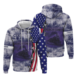 Railspirit Personalized CSX Transportation Railroad Hoodie Retro American Express Train With USA Flag Zip Up Hoodie