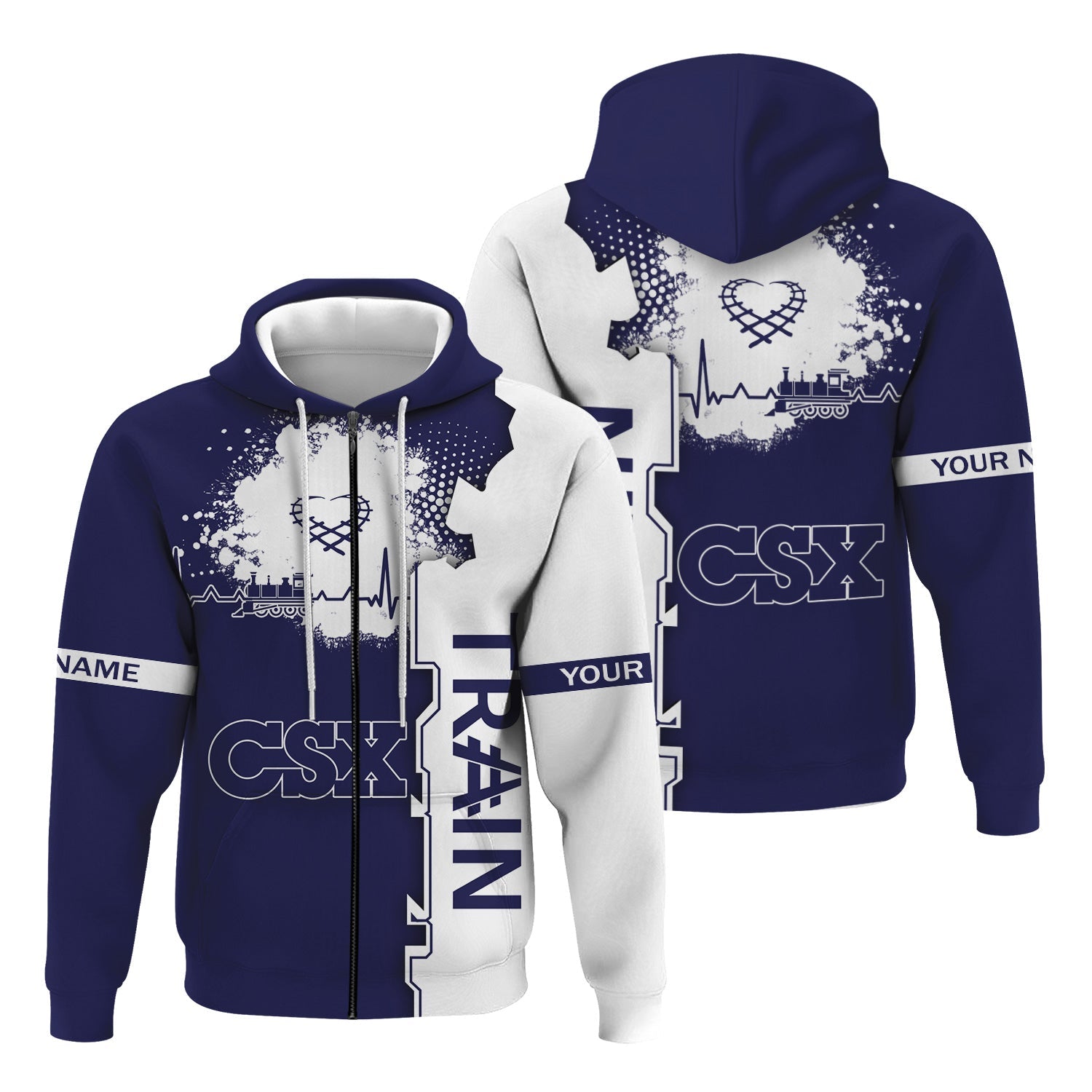 Railspirit Personalized CSX Transportation Railroad Hoodie Engine Heartbeat and Track Love Style Zip Up Hoodie Gift Idea For Train Lovers