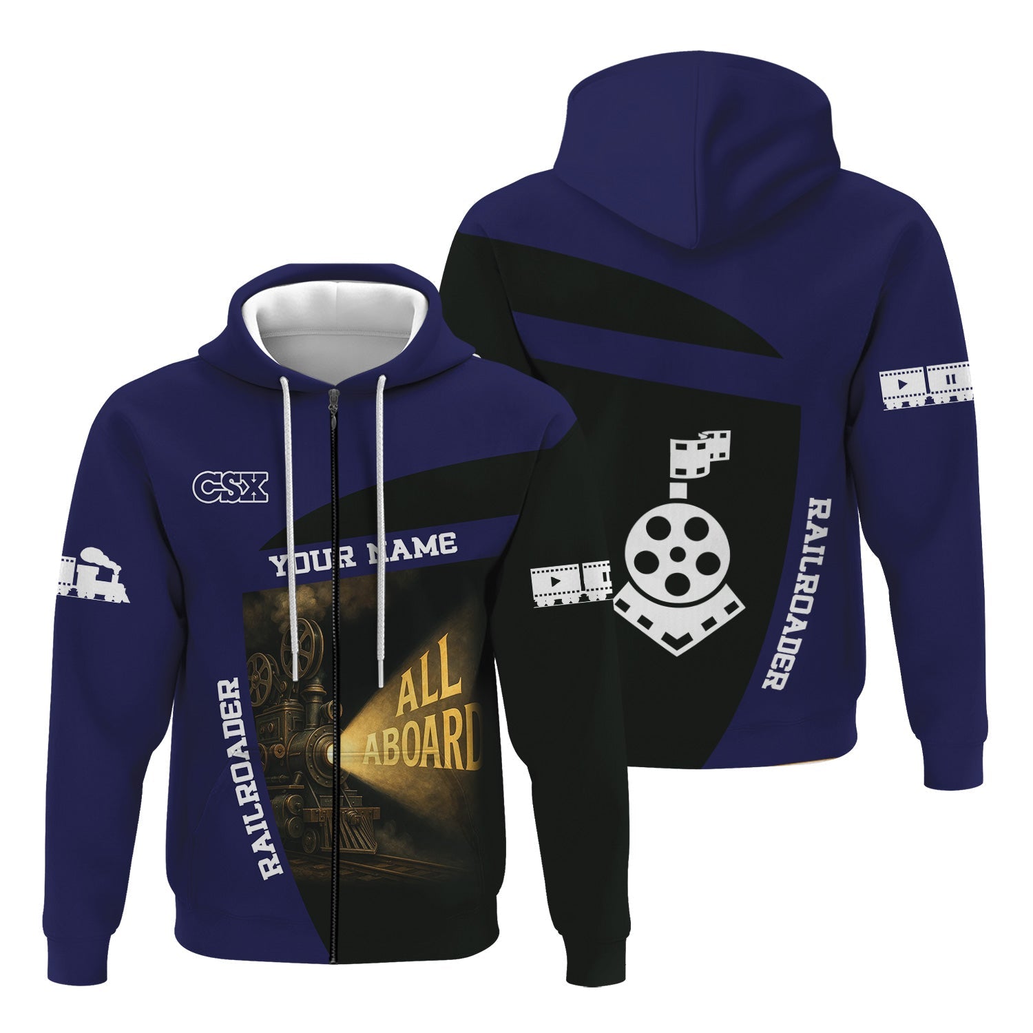 Railspirit Personalized CSX Transportation Railroad Hoodie All Aboard Steam Train Movie Projector Style Zip Up Hoodie