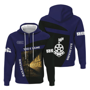 Railspirit Personalized CSX Transportation Railroad Hoodie All Aboard Steam Train Movie Projector Style Zip Up Hoodie