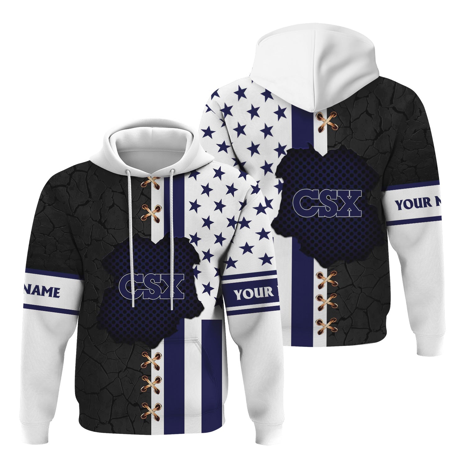 Railspirit Personalized CSX Transportation Railroad Hoodie American Flag with Crack Effect Train Zip Up Hoodie
