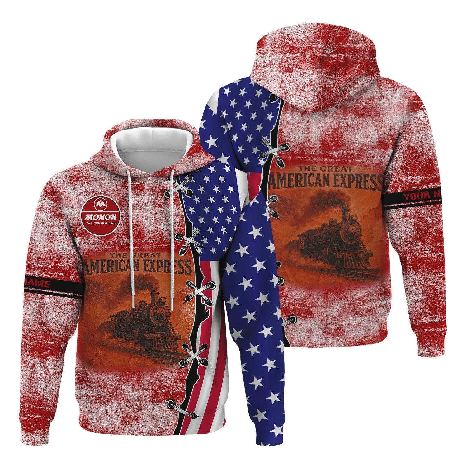 Railspirit Personalized Monon Railroad Hoodie Retro American Express Train With USA Flag Zip Up Hoodie