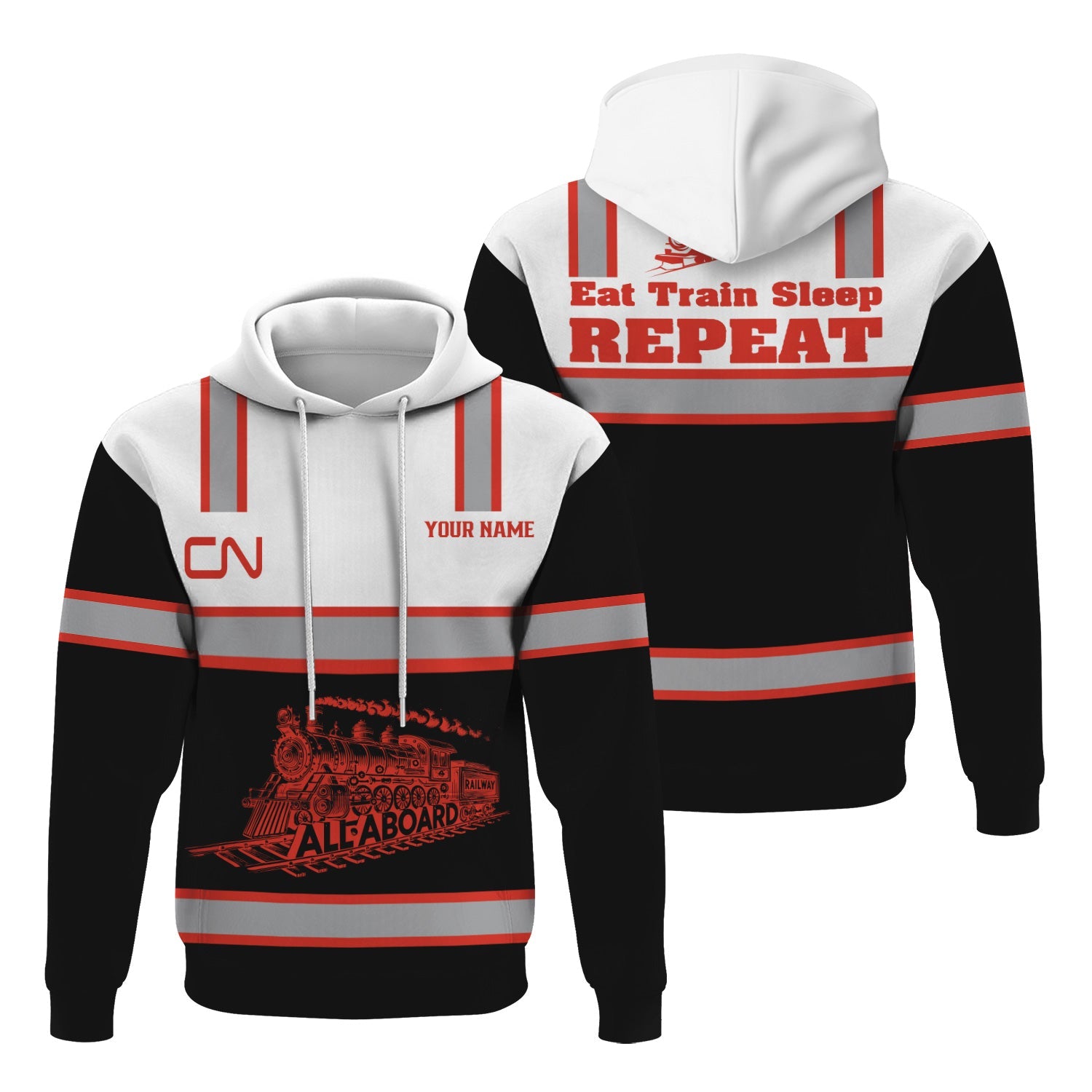 Railspirit Custom Name Canadian National Railroad Hoodie Eat Train Sleep Repeat Printed Train Zip Hoodie