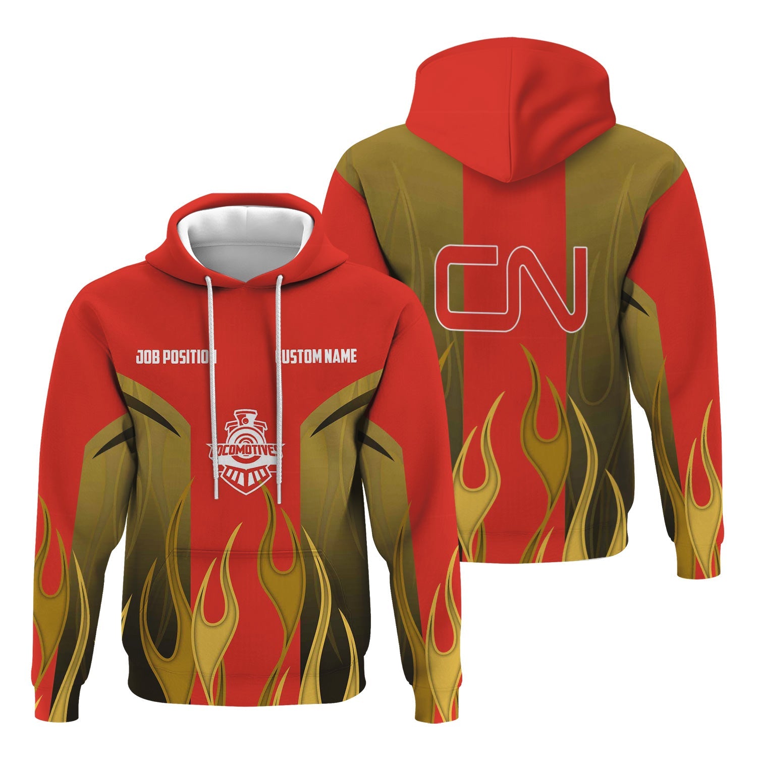 Railspirit Custom Name and Job Title Canadian National Railroad Hoodie Flame Graphic Train Zip Up Hoodie 