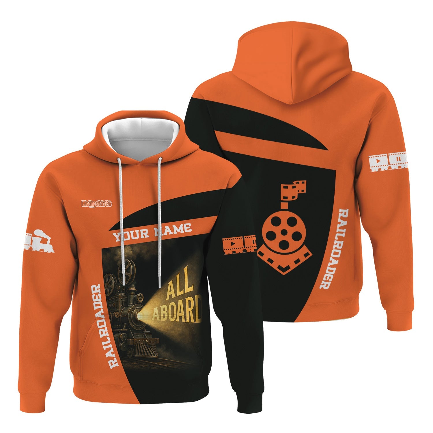 Railspirit Personalized Wheeling And Lake Erie Railroad Hoodie All Aboard Steam Train Movie Projector Style Zip Up Hoodie
