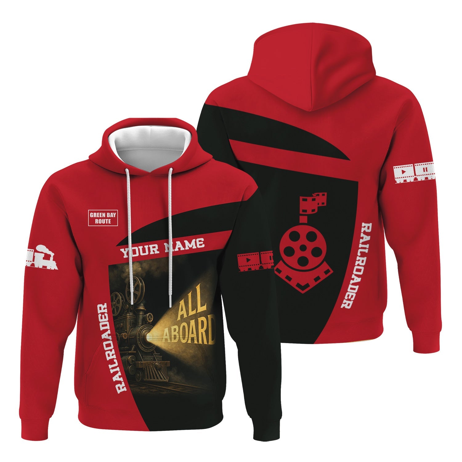 Railspirit Personalized Green Bay & Western Railroad Hoodie All Aboard Steam Train Movie Projector Style Zip Up Hoodie