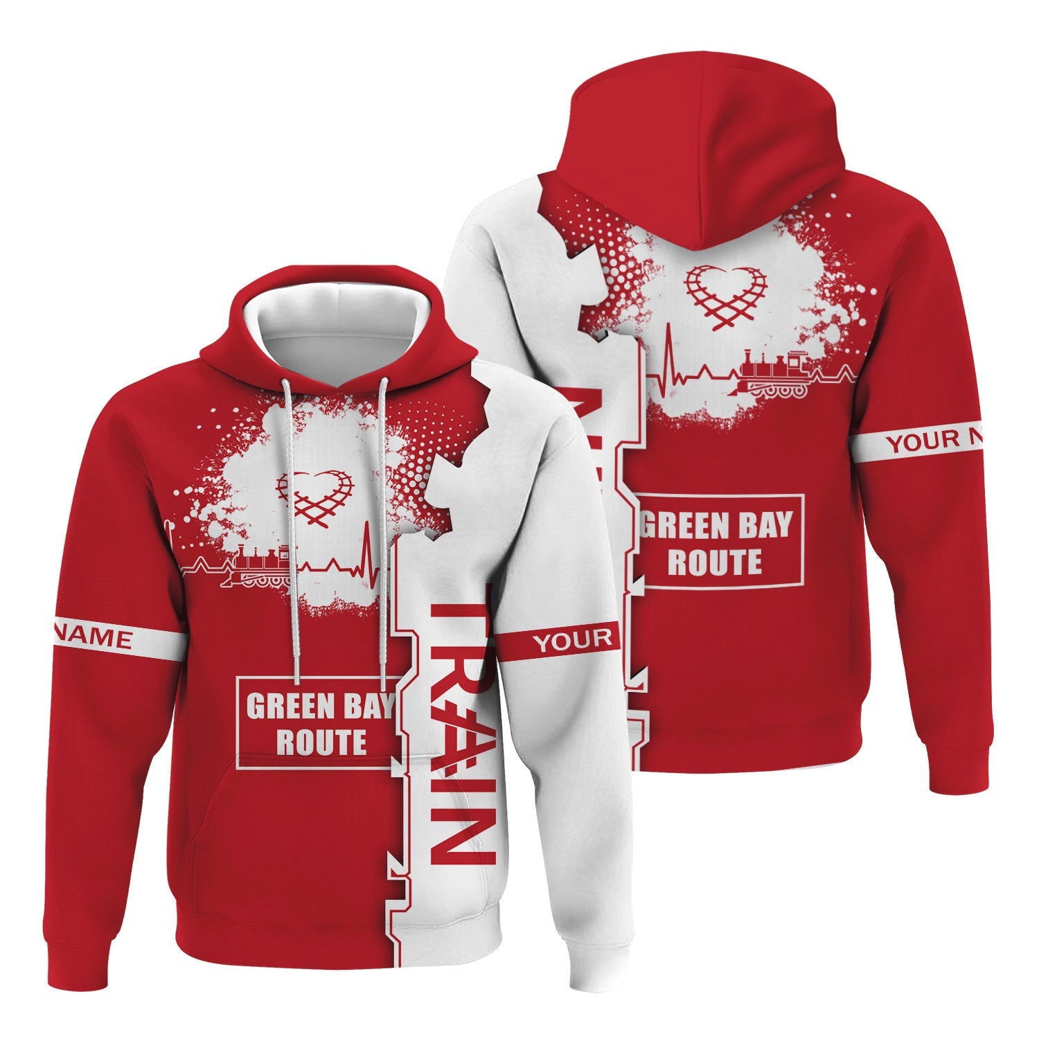 Railspirit Personalized Green Bay & Western Railroad Hoodie Engine Heartbeat and Track Love Style Zip Up Hoodie Gift Idea For Train Lovers
