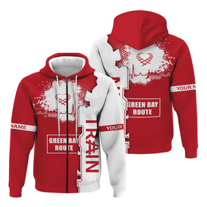 Railspirit Personalized Green Bay & Western Railroad Hoodie Engine Heartbeat and Track Love Style Zip Up Hoodie Gift Idea For Train Lovers