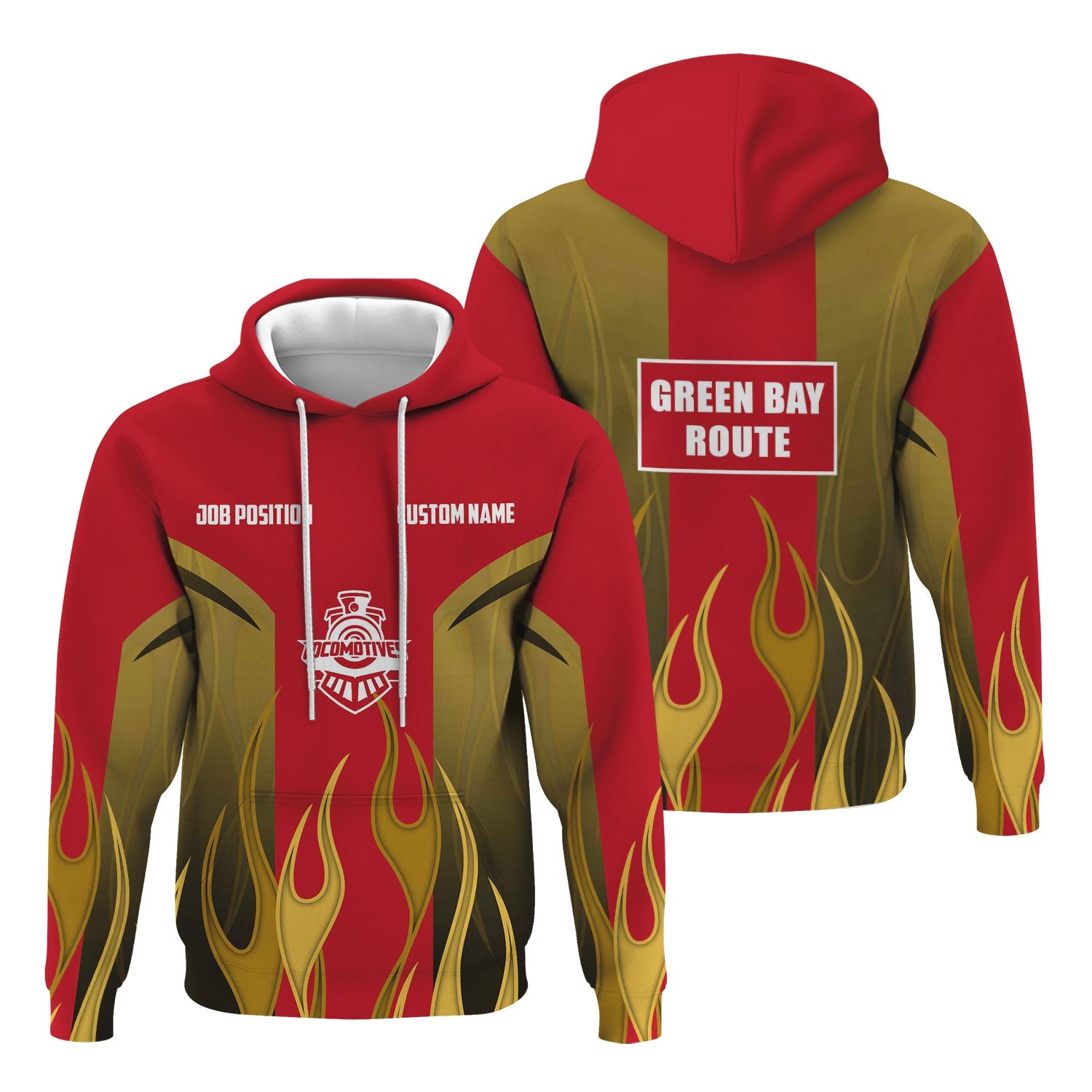 Railspirit Custom Name and Job Title Green Bay & Western Railroad Hoodie Flame Graphic Train Zip Up Hoodie 