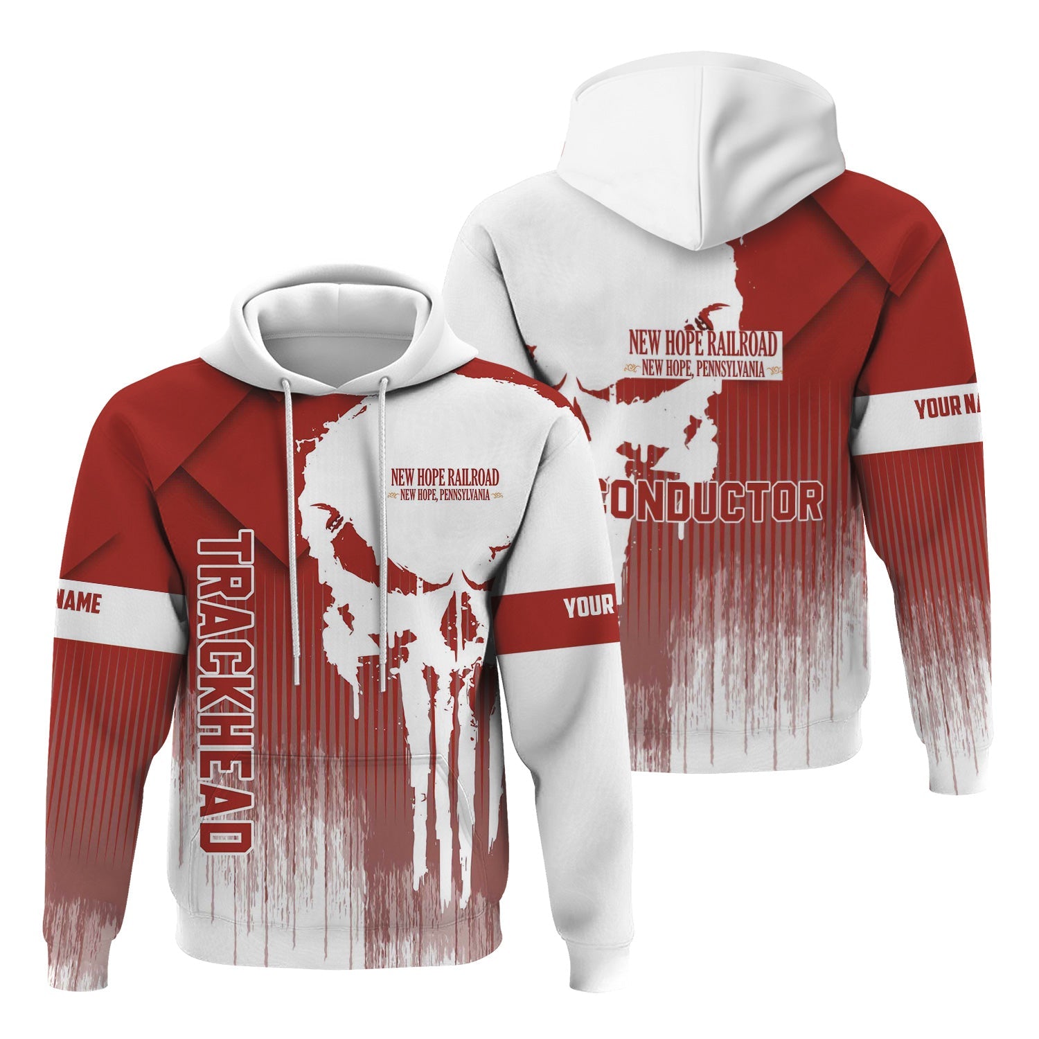 Railspirit Personalized New Hope Railroad Hoodie Skull Design with Custom Job Train Zip Up Hoodie for Trackhead Crew