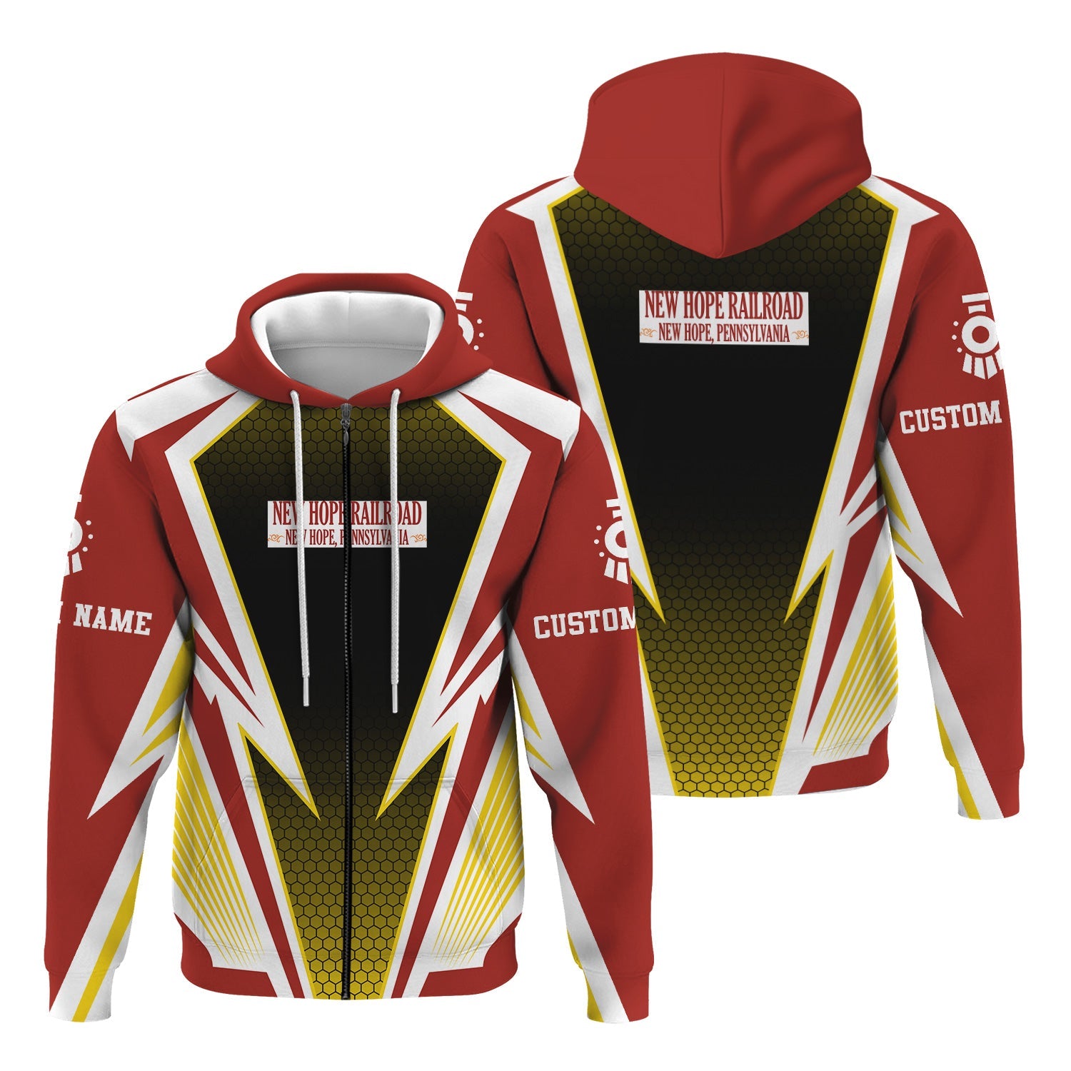 Railspirit Personalized New Hope Railroad Hoodie Lightning Graphic Style Zip Up Hoodie Gift Idea For Train Lover