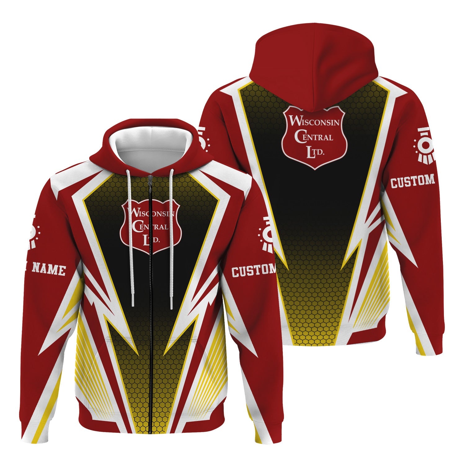 Railspirit Personalized Wisconsin Central Ltd Railroad Hoodie Lightning Graphic Style Zip Up Hoodie Gift Idea For Train Lover