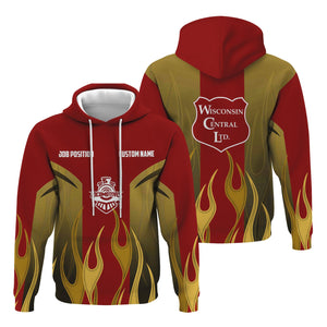 Railspirit Custom Name and Job Title Wisconsin Central Ltd Railroad Hoodie Flame Graphic Train Zip Up Hoodie 