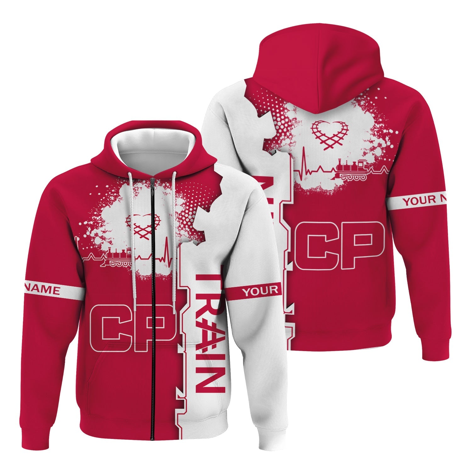 Railspirit Personalized Canadian Pacific Railroad Hoodie Engine Heartbeat and Track Love Style Zip Up Hoodie Gift Idea For Train Lovers