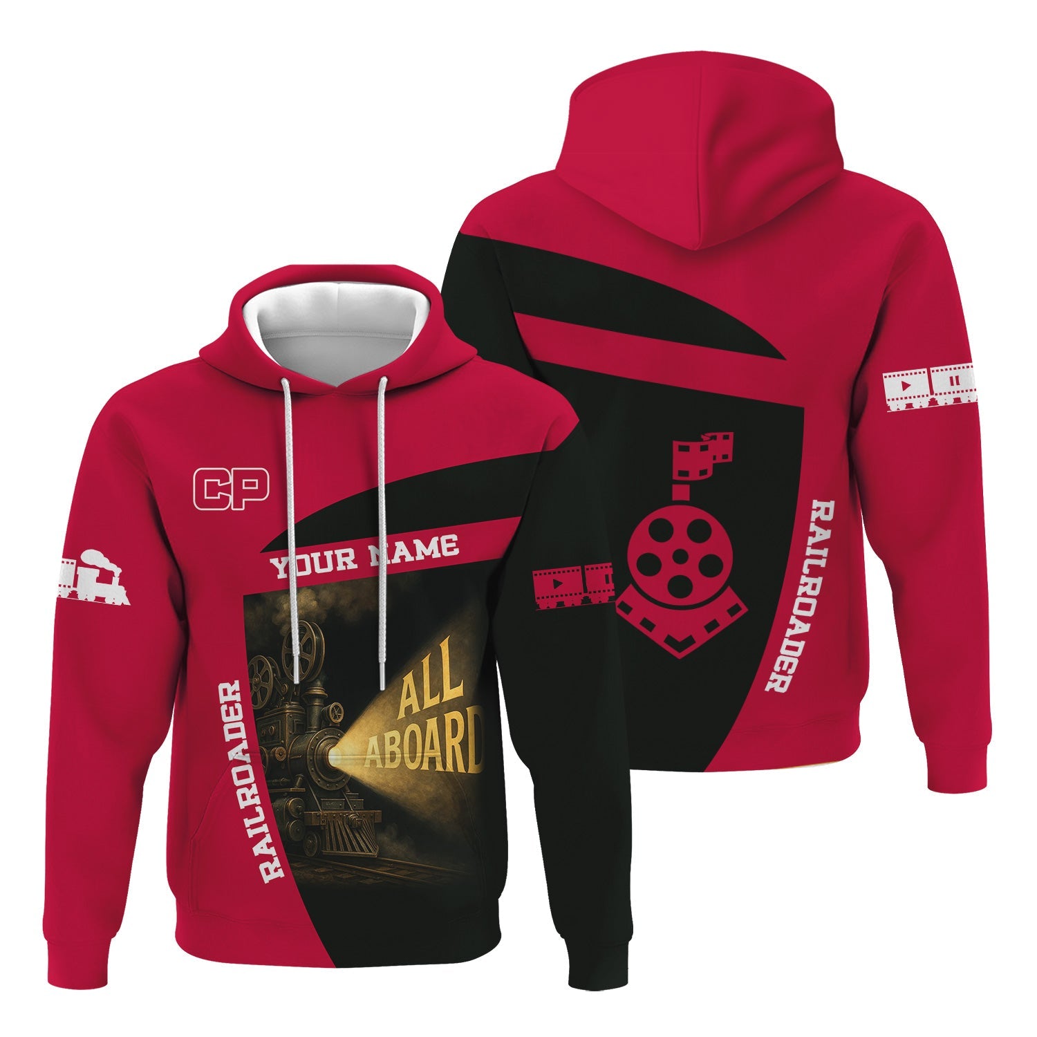 Railspirit Personalized Canadian Pacific Railroad Hoodie All Aboard Steam Train Movie Projector Style Zip Up Hoodie